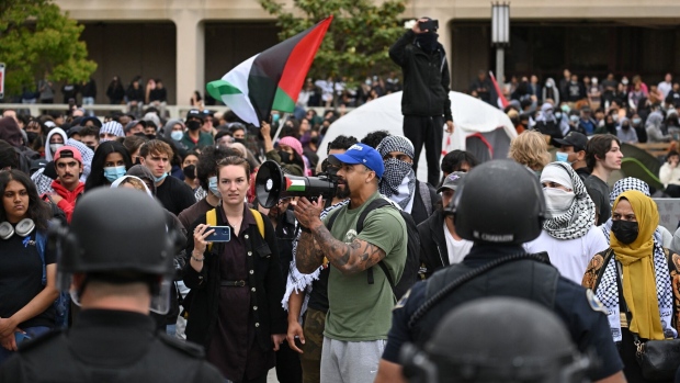 Pro-Palestinian demonstrators at the University of California, Irvine on May 15. Photographer: Patrick T. Fallon/AFP/Getty Images