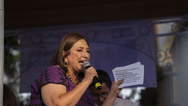 Xochitl Galvez speaks at a rally in Mexico City on May 7.
