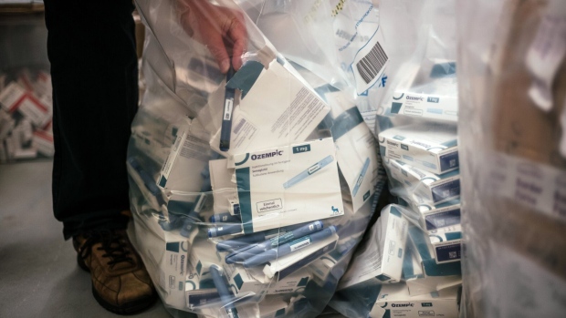 Bags of counterfeit Novo Nordisk A/S Ozempic at a warehouse operated by the UK's Medicines and Healthcare Products Regulatory Agency (MHRA) in London, UK, on Monday, Feb. 27, 2024. The UK task force tracks down illegal websites, monitors social media and even carries out raids to stamp out sales of fake "skinny jabs" as both organized crime and unscrupulous lone entrepreneurs look to capitalize on the weight-loss frenzy. Photographer: Jose Sarmento Matos/Bloomberg