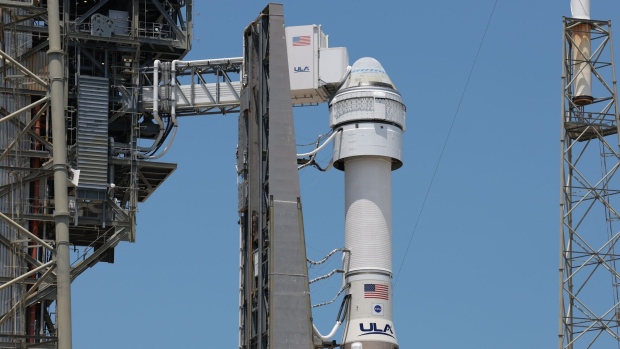 <p>Boeing’s Starliner spacecraft sits atop a United Launch Alliance Atlas V rocket at Space Launch Complex 41 on May 7.</p>