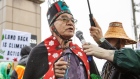 <p>Wet’suwet’en Hereditary Chief Na’Moks speaks to protesters outside Royal Bank of Canada’s annual general meeting in Toronto in April.</p>