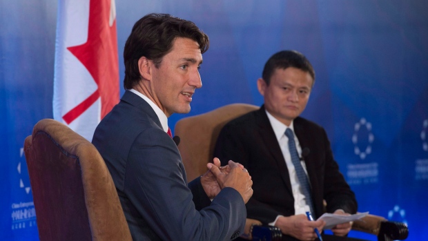 China Entrepreneur Club chairman Jack Ma and Justin Trudeau during a Q&A session in Beijing, China