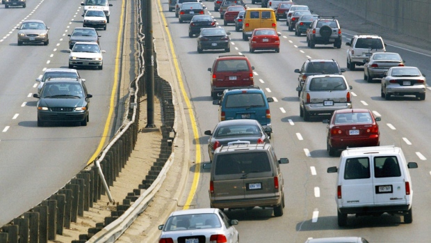 Commuters sit in traffic on the Gardiner Expressway in Toronto