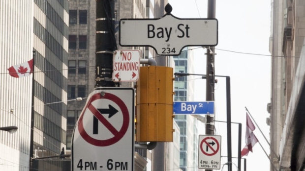 Bay Street signs are seen in the heart of the financial district in Toronto, August 17, 2009. 