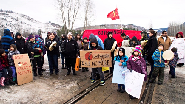 Members of the Gitxsan First Nation blockade a CN railroad track in B.C. in 2013