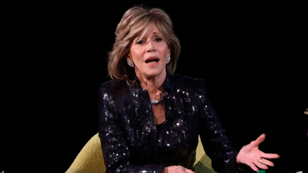 Actress Jane Fonda speaks during a forum at the Coolidge Corner Theatre, in Brookline, Mass.