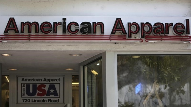 An American Apparel store logo is pictured on a building along the Lincoln Road Mall in Miami Beach