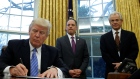 U.S. President Donald Trump, White House Chief of Staff Reince Priebus, and Peter Navarro