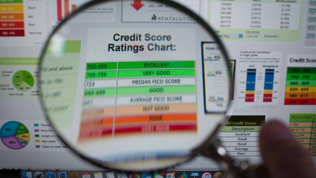 A photo illustration shows charts for credit scores on a computer in B.C.