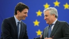 Justin Trudeau with European Parliament President Antonio Tajani to address European Parliament.