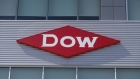 The Dow logo is seen on a building in downtown Midland, Michigan. 