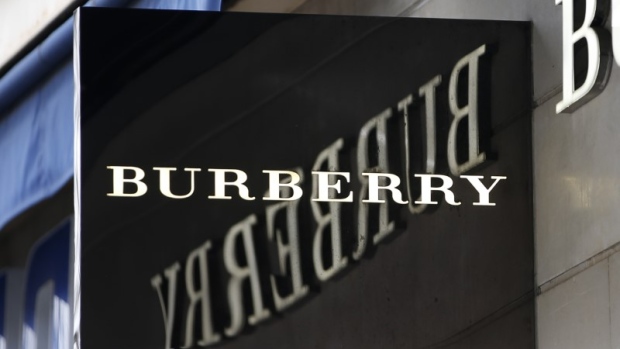 The logo of Burberry outlet store is seen in Paris, France
