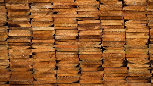 A stack of western red cedar wood is seen at CedarLine Industries in Surrey, B.C. lumber