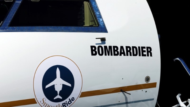A logo of jet manufacturer Bombardier is pictured on their booth during the European Business Aviati