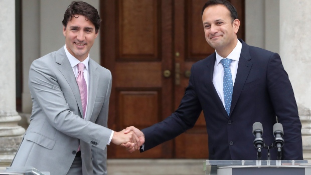 Canadian Prime Minister Justin Trudeau shakes hands with Irish Taoiseach, Leo Varadkar