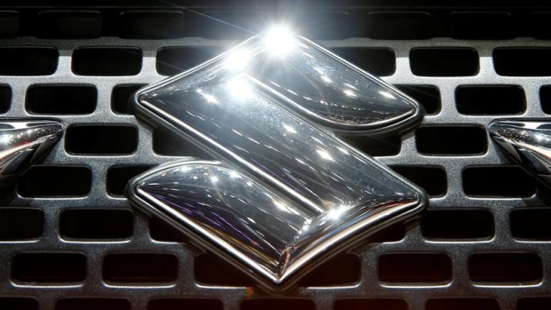 The logo of Suzuki is seen during the 87th International Motor Show at Palexpo in Geneva