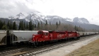 A CP Rail train stopped on the tracks near Canmore, Alberta