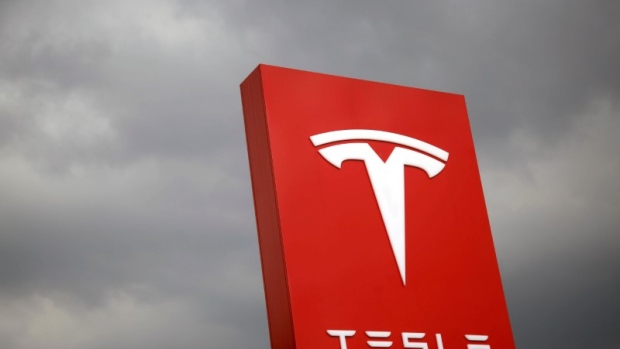 The logo of Tesla is seen in Taipei, Taiwan on August 11, 2017. 