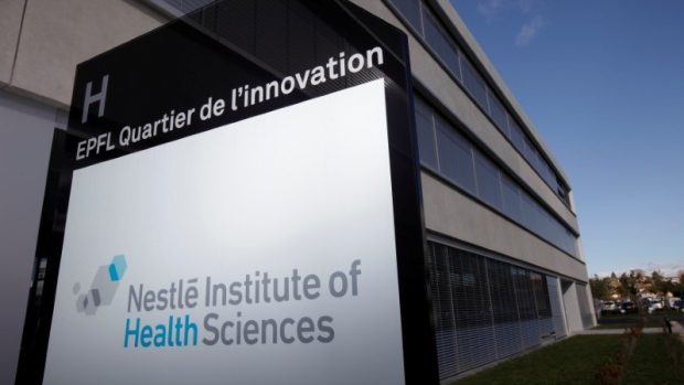 A logo is pictured outside the Nestle Institute of Health Sciences in Lausanne, Switzeralnd