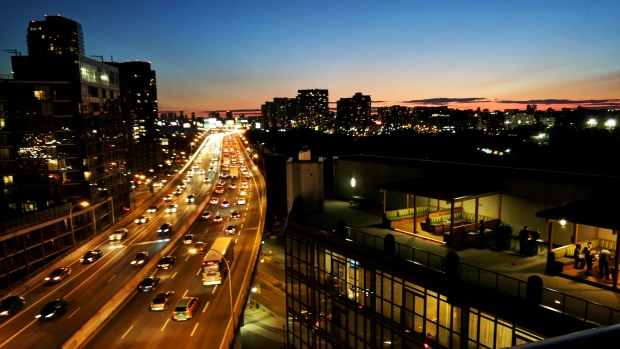 Condo buildings line both sides of Gardiner Expressway in downtown Toronto