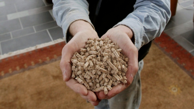 A man holds a handful of wood pellets used to heat his home