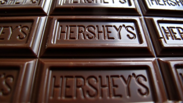 A Hershey's chocolate bar is shown in this photo illustration in Encinitas, California