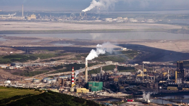 The Suncor oil sands facility seen from a helicopter near Fort McMurray, Alta.