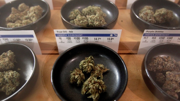 Different types of marijuana sit on display at Harborside marijuana dispensary, Monday, Jan. 1, 2018