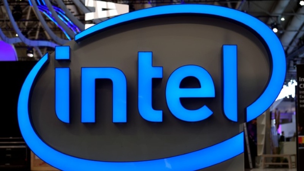 Intel's logo is pictured during preparations at the CeBit computer fair
