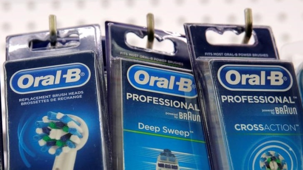Procter & Gamble's Oral-B toothbrush heads are seen in a store in Manhattan, New York