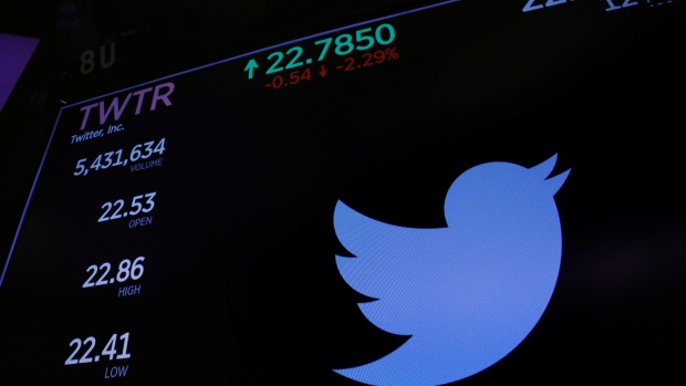 The Twitter logo and stock prices are shown above the floor of the New York Stock Exchange shortly after the opening bell in New York
