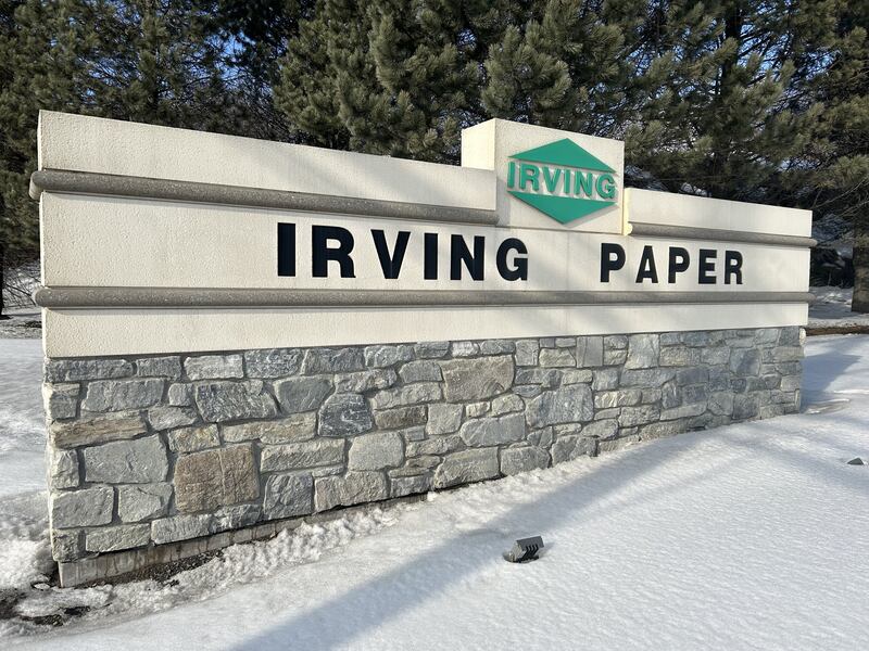 A sign at the entrance of Irving Paper in Saint John, N.B., is pictured on Feb. 24, 2025. (CTV Atlantic/Avery MacRae)