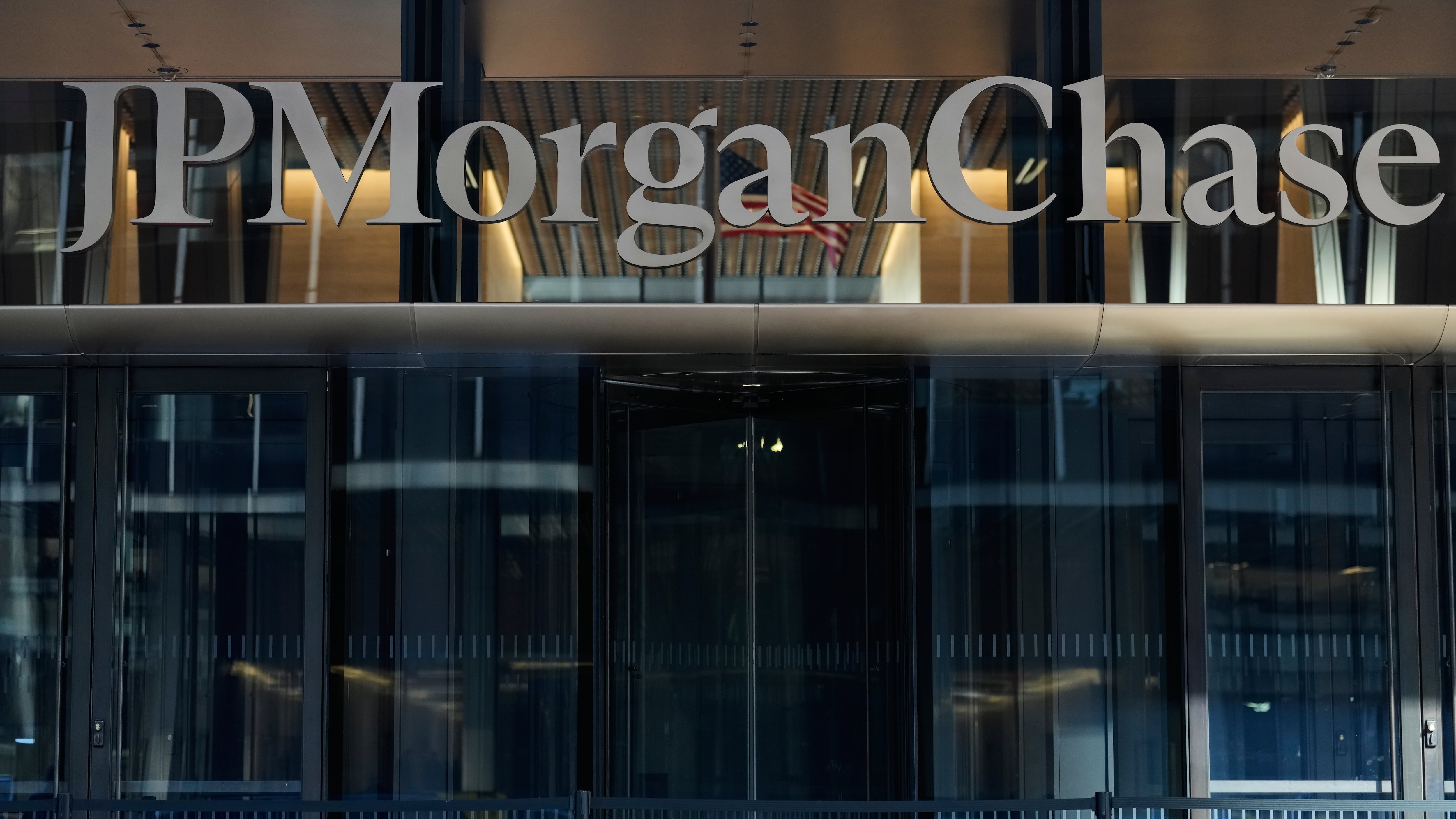 A JPMorgan Chase sign is seen outside the company's new building after a ribbon cutting ceremony in New York on Oct. 21, 2025.. (Seth Wenig / AP Photo)