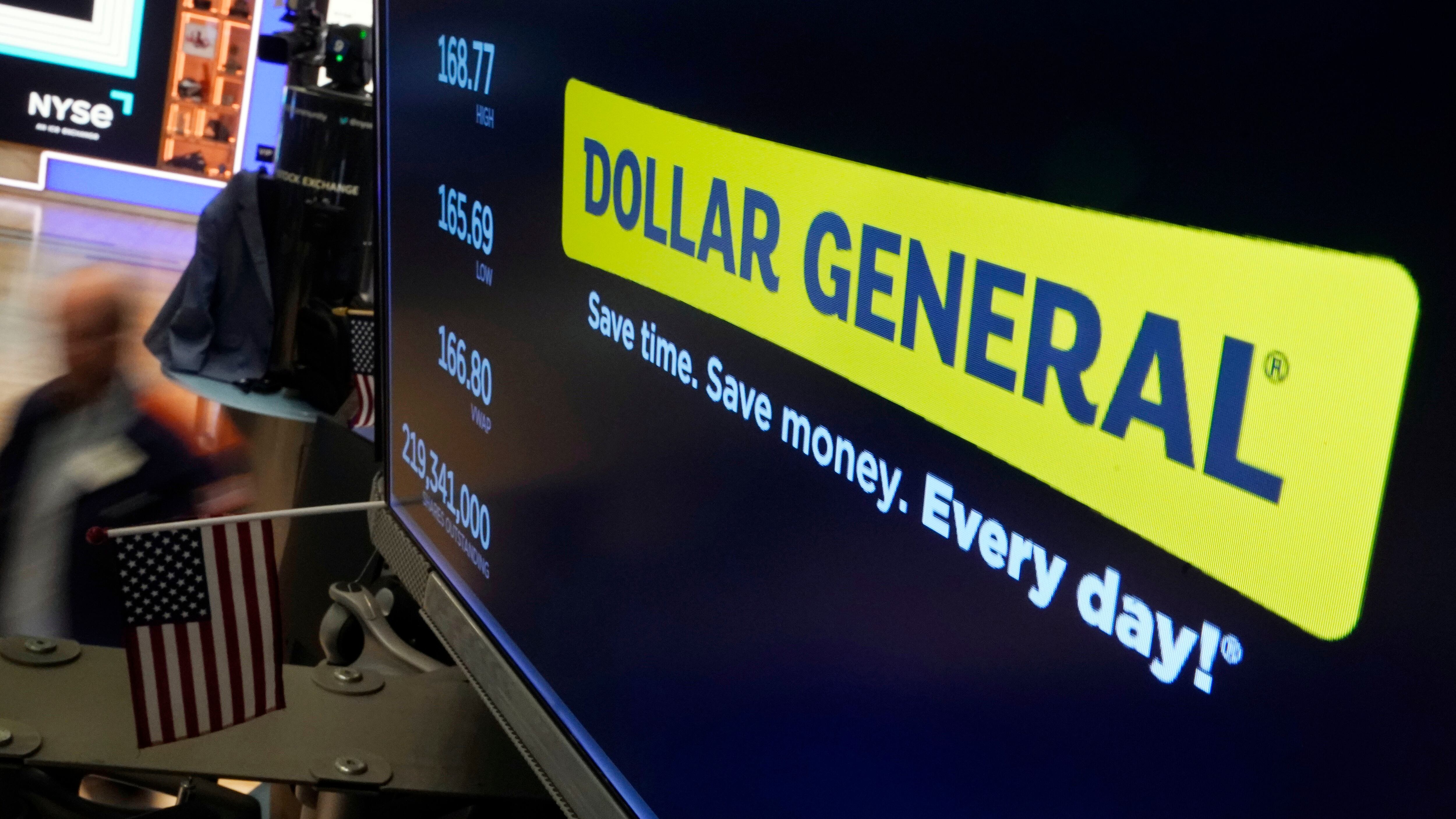The logo for Dollar General appears on a screen above a trading post, on the floor of the New York Stock Exchange, Thursday, July 13, 2023. (AP Photo/Richard Drew)