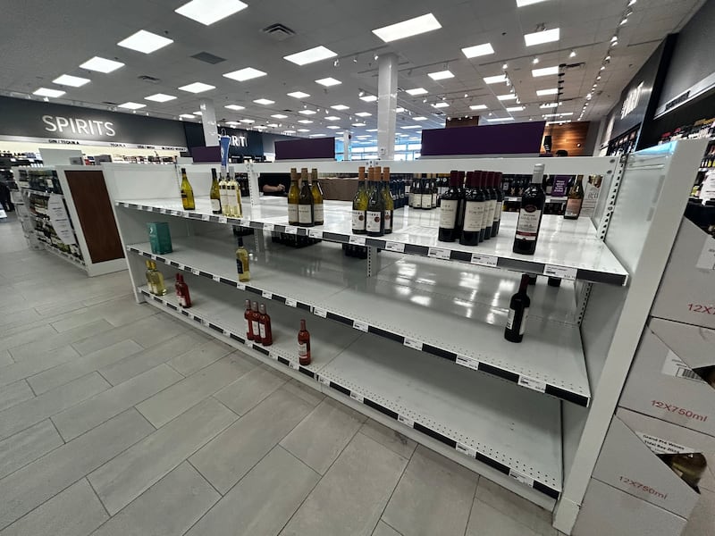 Nearly empty American wine shelves are pictured at an NSLC in Dartmouth, N.S., on Dec. 1, 2025. (Jonathan MacInnis/CTV Atlantic)