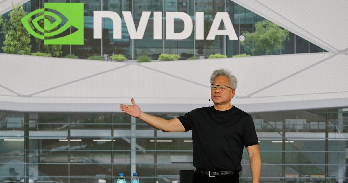 Photo: bnnbloomberg.ca Nvidia CEO Jensen Huang delivers a speech during an all employee celebration at the construction site of their Taiwan