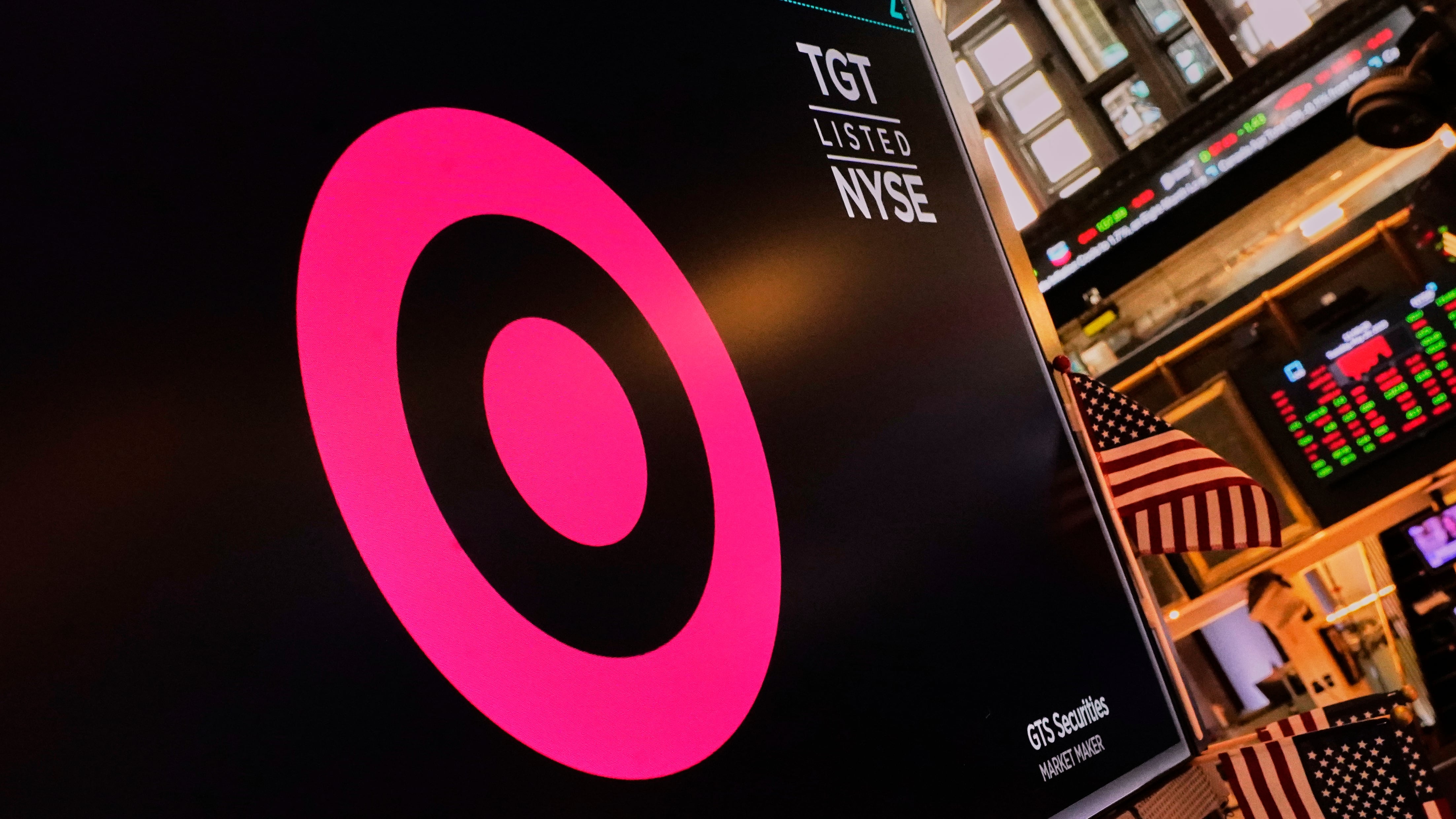 The logo for Target is displayed above a trading post on the floor of the New York Stock Exchange, Tuesday, May 20, 2025. (AP Photo/Richard Drew)