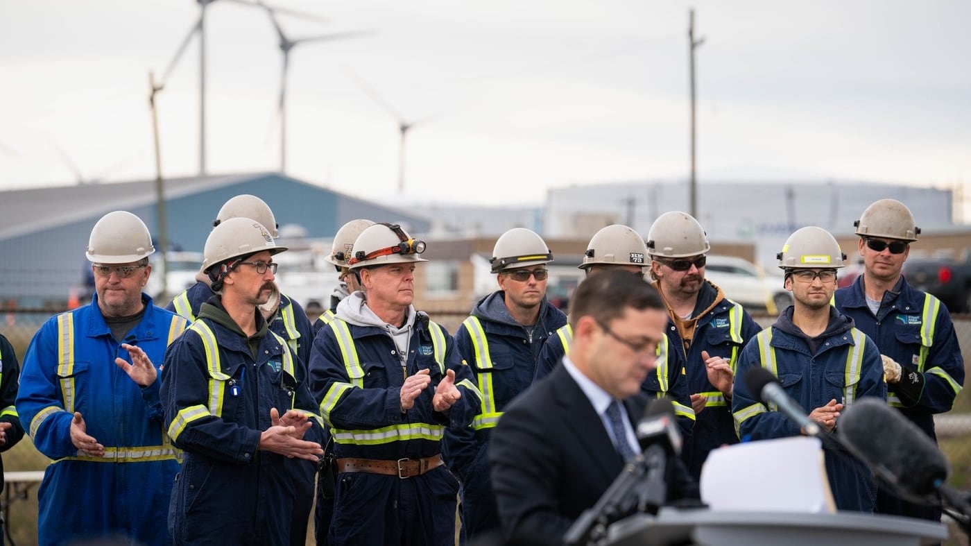Workers applaud EverWind CEO Trent Vichie's remarks during a funding announcement at EverWind Fuels site in Point Tupper, N.S., on Friday, Oct. 16, 2026. THE CANADIAN PRESS/Steve Wadden