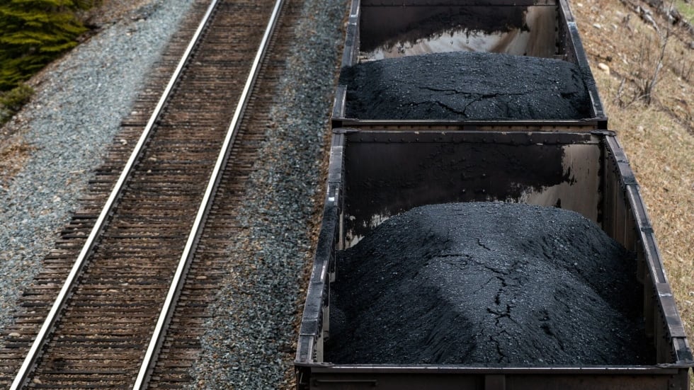 Rail cars loaded with coal near a steelmaking coal mine in the Elk Valley near Sparwood, B.C., on April 26, 2022.