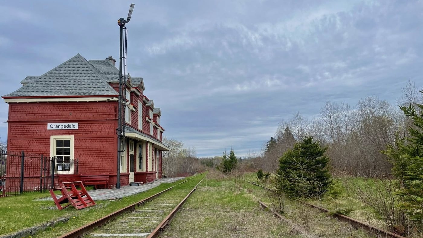 The former Orangedale train station in Orangedale, N.S., now a railway museum, and the dormant Cape Breton and Central Nova Scotia Railway are seen in this handout photo on May 14, 2025. THE CANADIAN PRESS/Handout-Zachary Taylor.