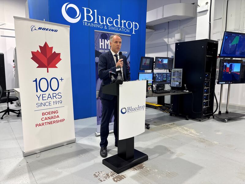 Boeing Canada president Al Meinzinger announced a $1.4 million investment in Atlantic based Bluedrop to develop specialized Boing CV-22 flight simulation training systems, produced in Halifax, Nova Scotia. (CTV Atlantic/ Jesse Thomas)