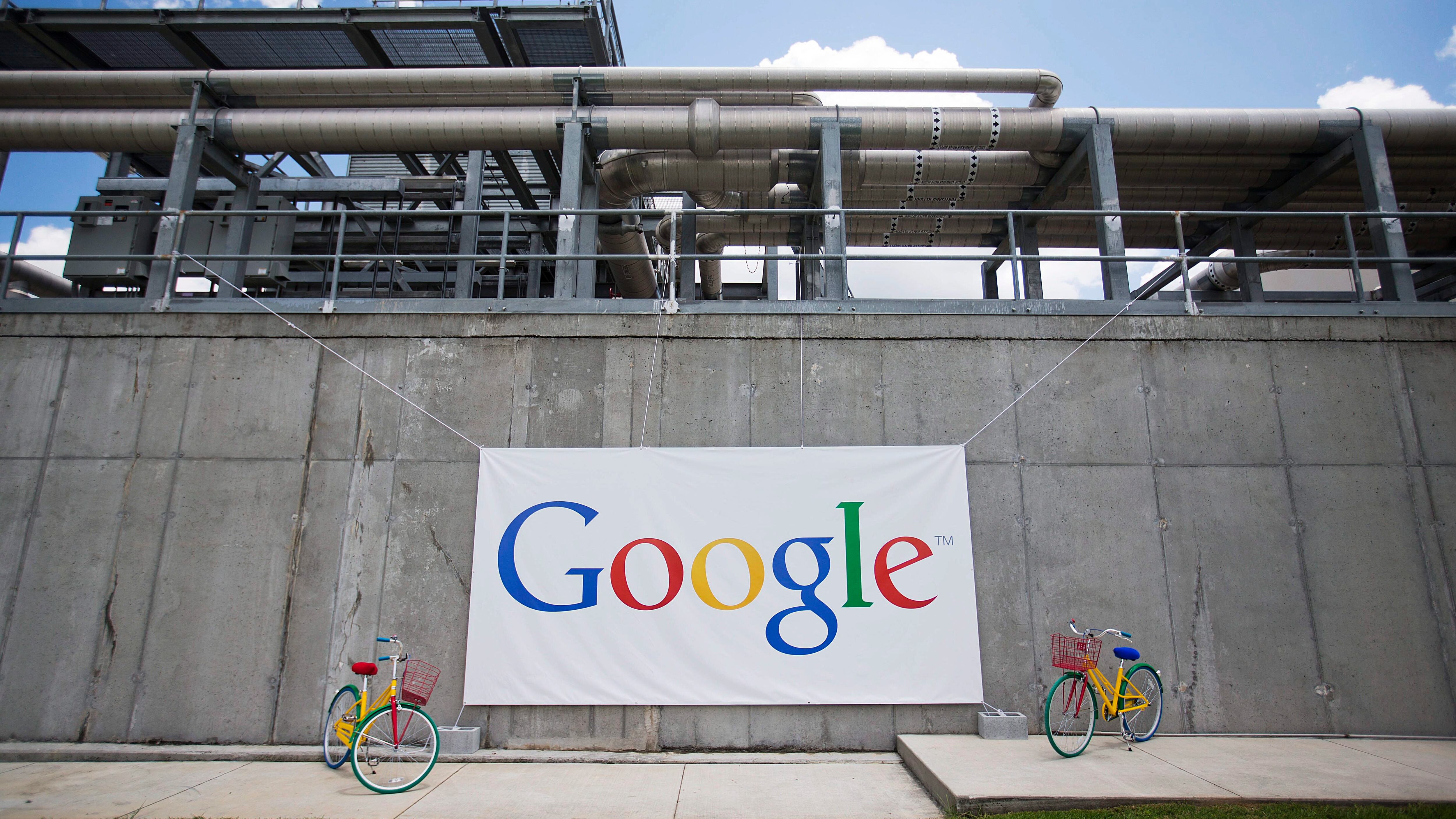 A banner hangs during a ceremony announcing a proposed $300 million expansion of Google's data center operations Tuesday, June 2, 2015, in Lithia Springs, Ga. (AP Photo/David Goldman)