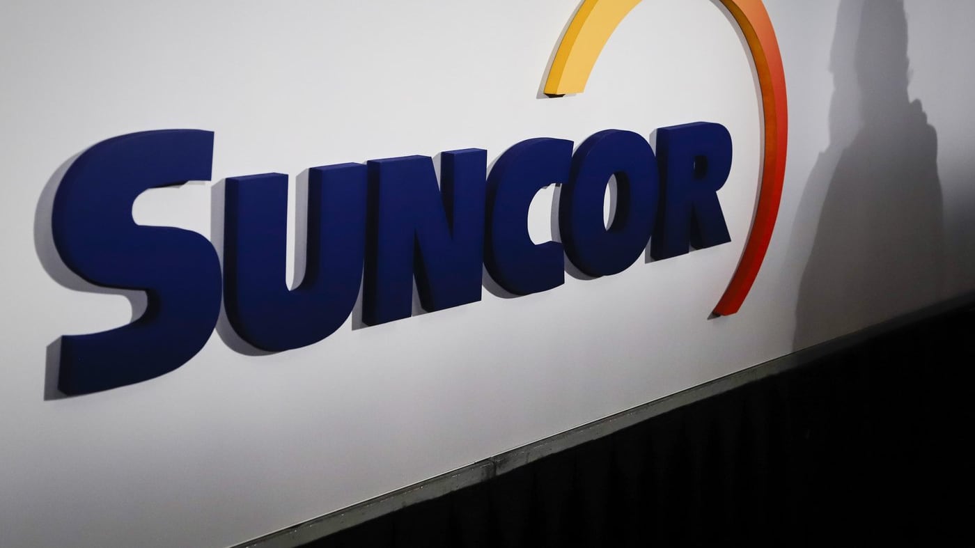 A Suncor logo is shown at the company's annual meeting in Calgary, Alta., Thursday, May 2, 2019. (THE CANADIAN PRESS/Jeff McIntosh)
