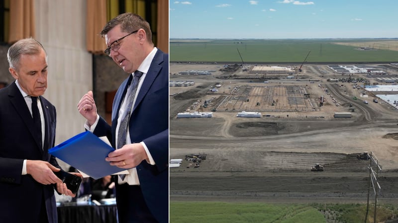 Left: Prime Minister Mark Carney and Premier of Saskatchewan Scott Moe in Ottawa, on Thursday, Jan. 29, 2026 (THE CANADIAN PRESS/Justin Tang). Right: Bell AI data centre construction outside Regina (CTV News/Gareth Dilistone).