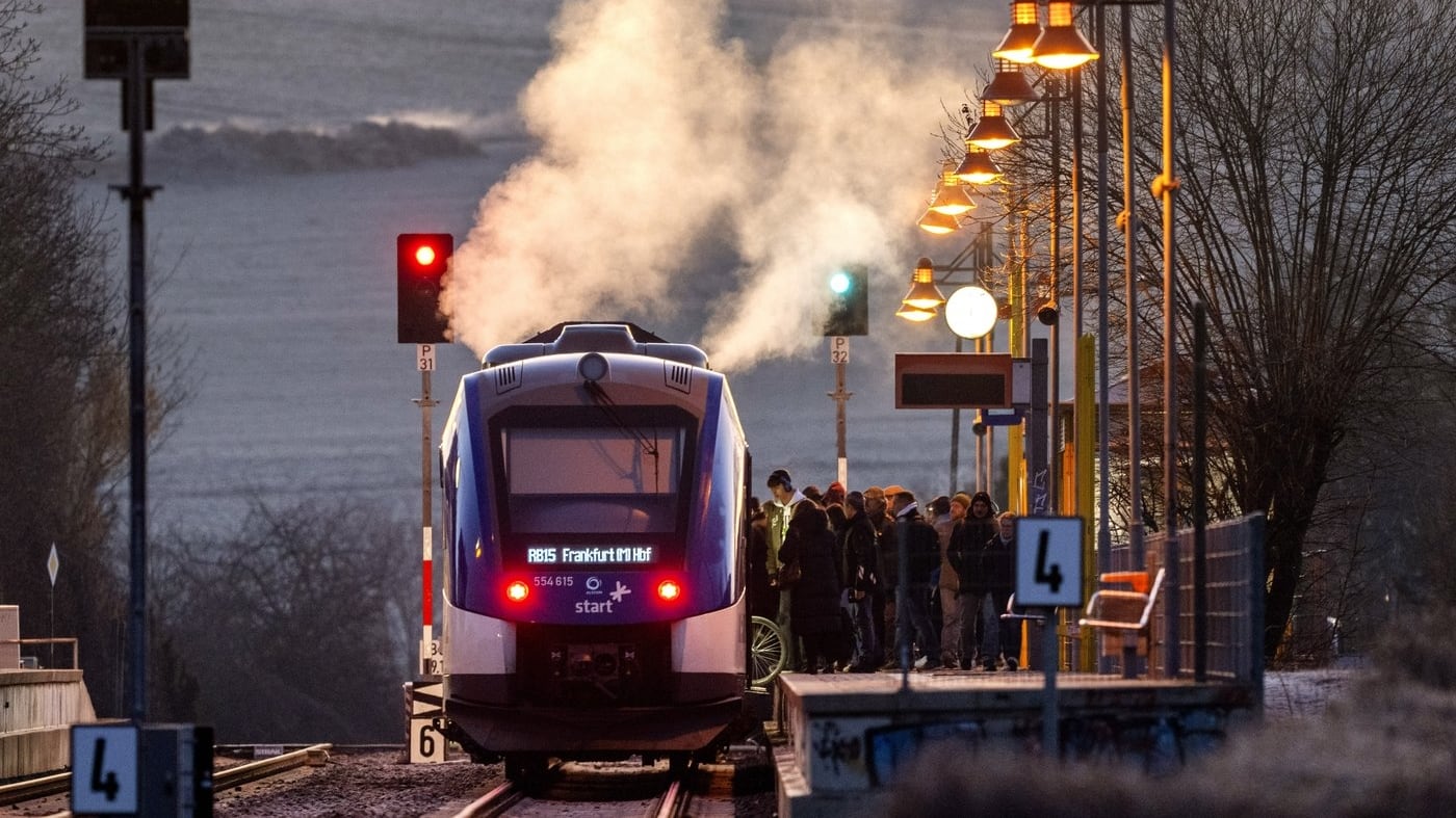 Steam rises from a hydrogen train at a station in Wehrheim near Frankfurt, Germany, on March 5, 2025. (AP Photo/Michael Probst)