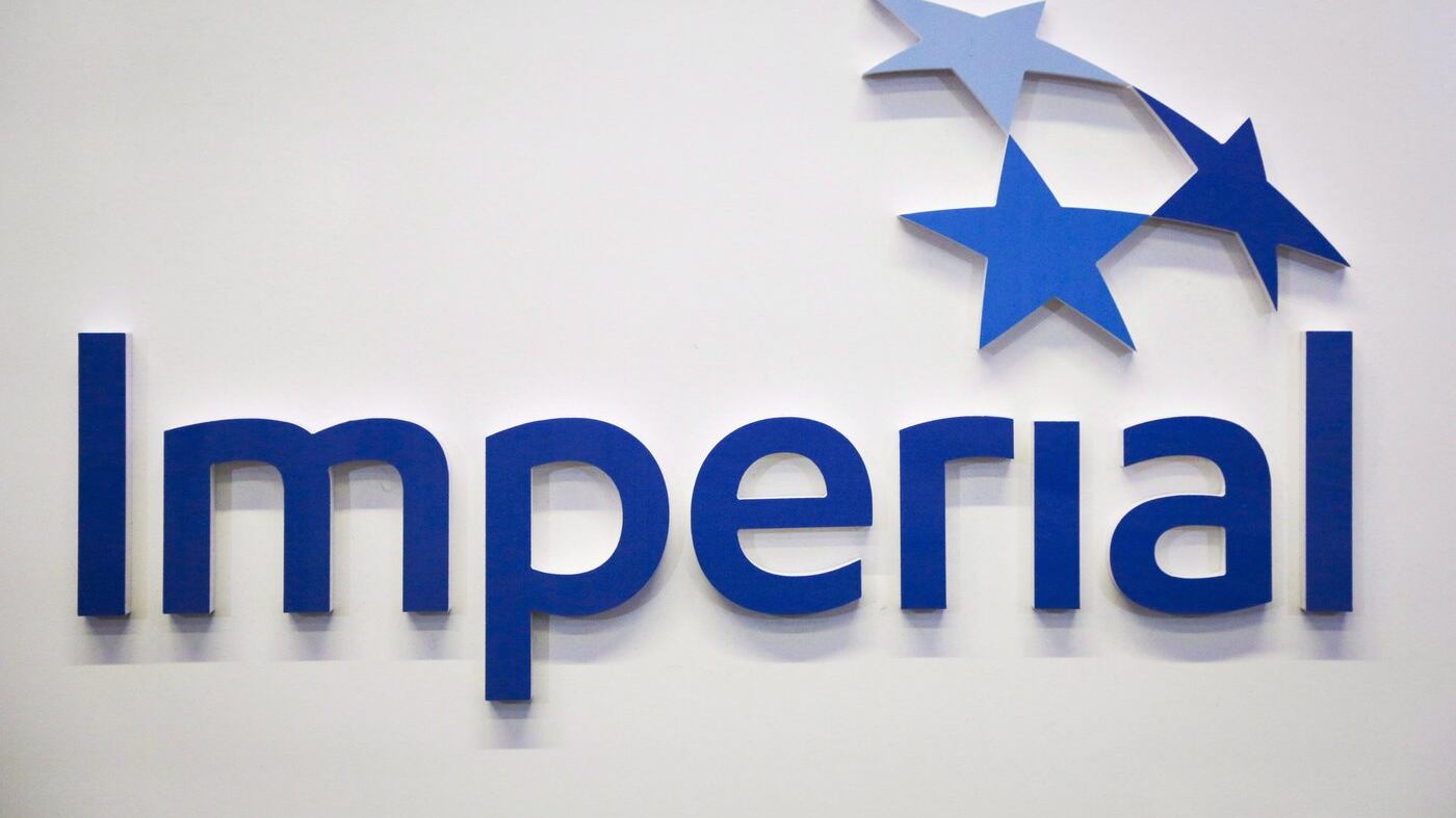 Imperial Oil logo at the company's annual meeting in Calgary on April 28, 2017. (THE CANADIAN PRESS/Jeff McIntosh)