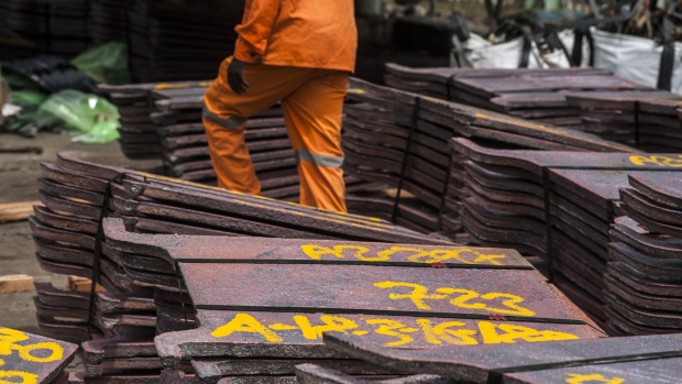 Copper plates awaiting shipping at a Konkola Copper Mines site in Zambia. Photographer: Waldo Swiegers/Bloomberg