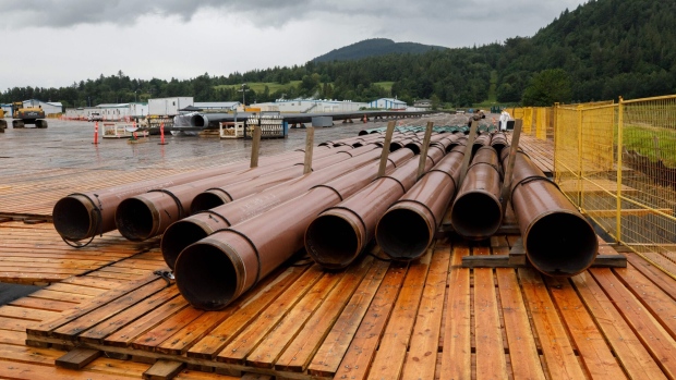 Pieces of the Trans Mountain Pipeline outside Abbotsford, British Columbia. Photographer: Cole Burston/AFP/Getty Images