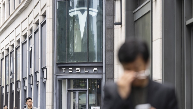 A Tesla Inc. showroom in Shanghai, China, on Monday, April 29, 2024. Elon Musk's surprise visit to China appears to have paid immediate dividends, with Tesla clearing two key hurdles to introduce its driver-assistance system to the world's biggest auto market.