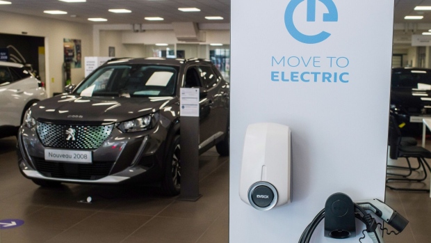 <p>An Evbox electric charge point in a showroom operated by Stellantis NV, in Paris. </p>